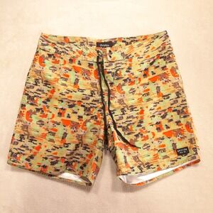 Brixton Mens Abstract Board Shorts Sz.34/Green-Orange Camo/Cinch/Wax Comb